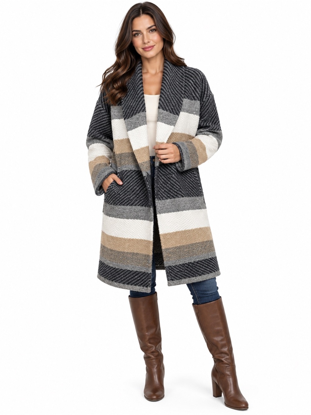 NWT Chico’s Size 1 Striped Long Knit Cardigan Coatigan Gray Beige Cream